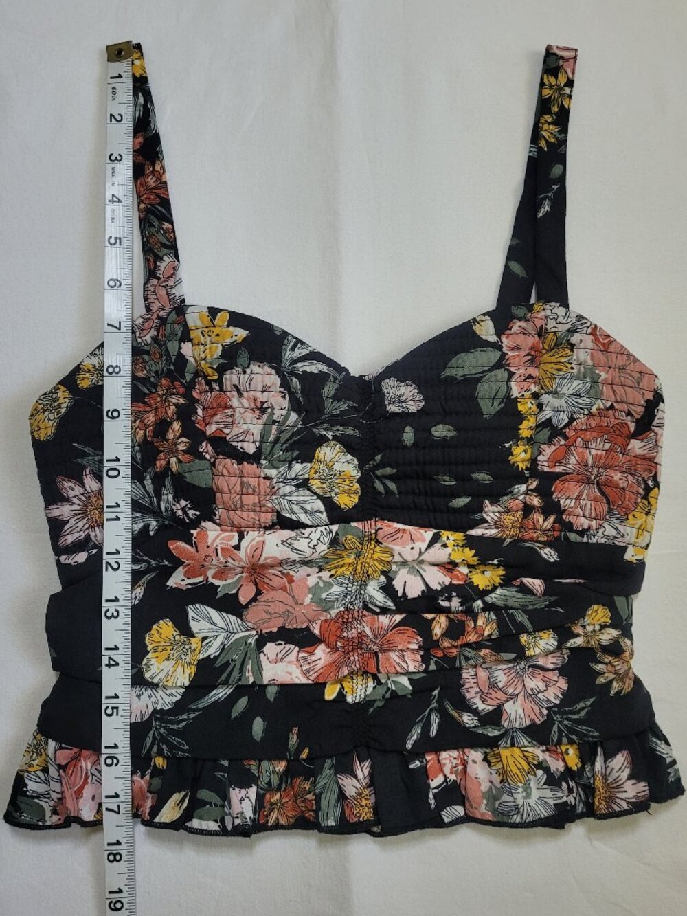 BOG Collective Black Floral Smocked Ruffle Crop Top Tank Small Boho - Picture 4 of 9